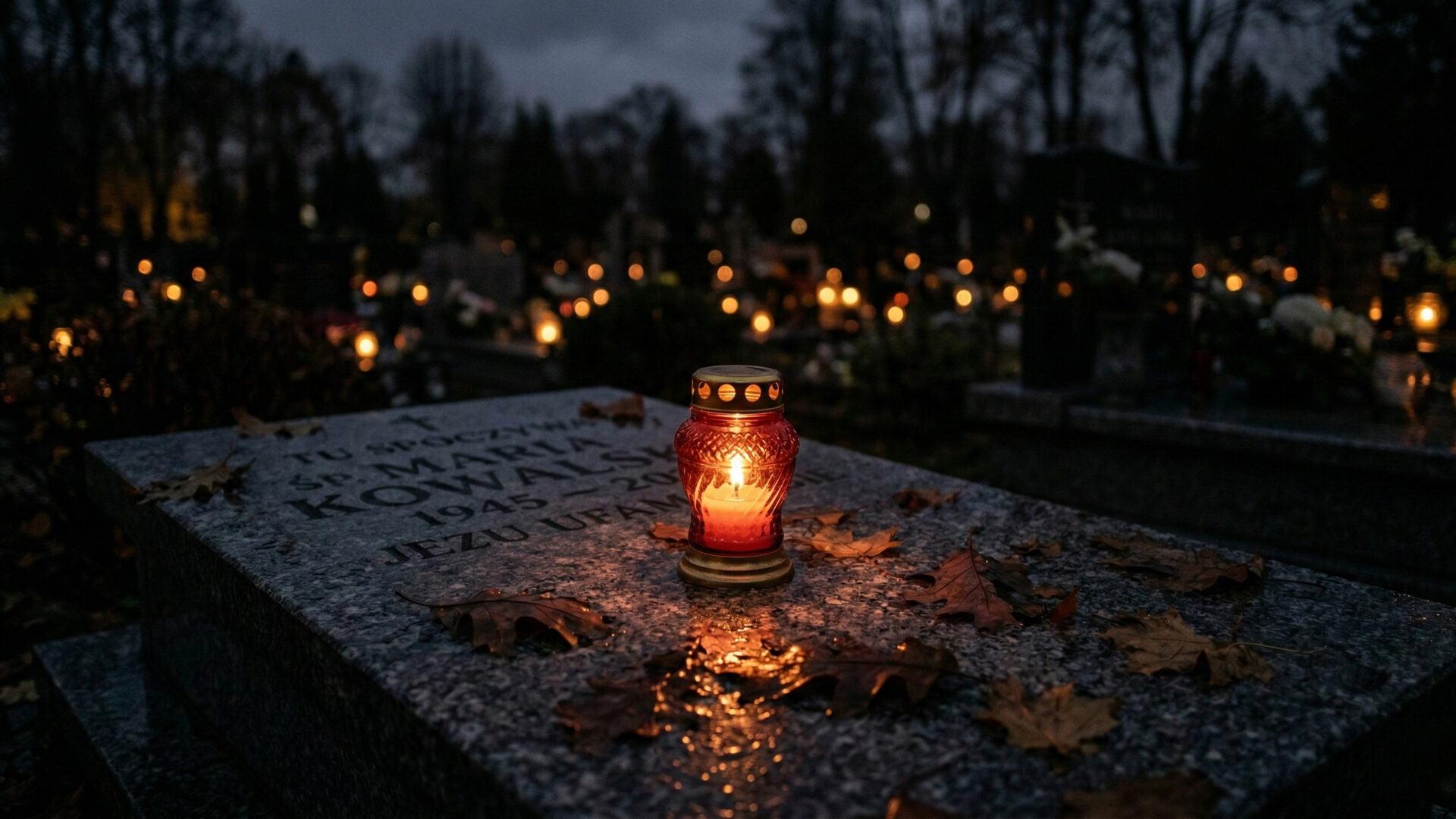 Zapalony znicz na grobie – symboliczny gest pamięci o zmarłej osobie w czasie żałoby