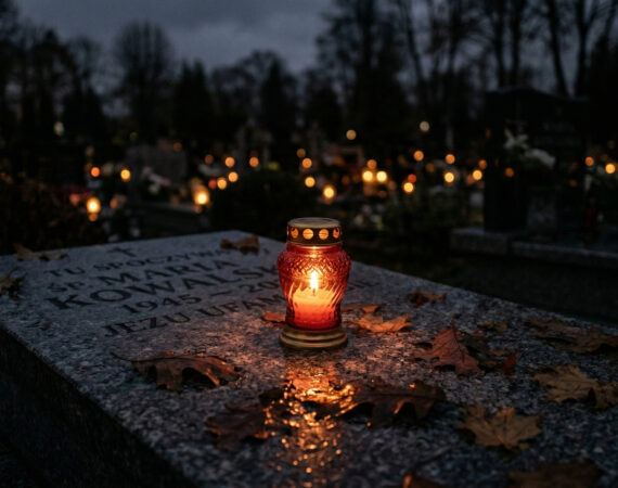 Zapalony znicz na grobie – symboliczny gest pamięci o zmarłej osobie w czasie żałoby